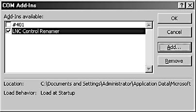 figure 21-33. the lnc control renamer add-in is listed as an installed com add-in.