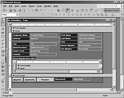 figure 21-35. the rename controls button on the form design toolbar lets you run the add-in quickly.
