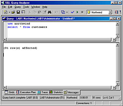 figure 2.7-the messages tab displaying a message about the executed transact-sql statement.