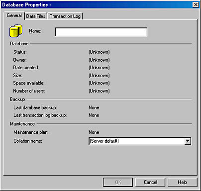 figure 4.1-the general tab of the database properties dialog box for a new database.
