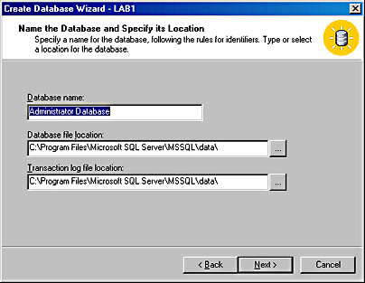 figure 4.2-the name the database and specify its location screen of the create database wizard.
