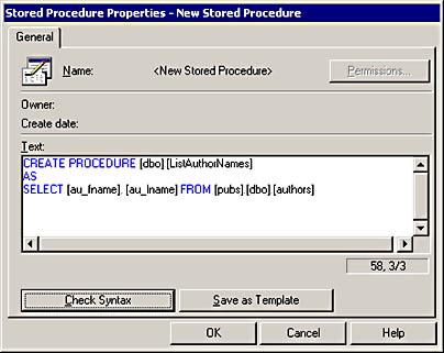 figure 8.1-the general tab of the stored procedure properties - new stored procedure dialog box for a new stored procedure.