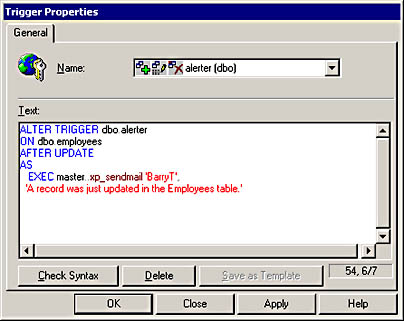 figure 9.2-the general tab of the trigger properties dialog box with the alter syntax shown.