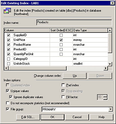 figure 11.3-the create new index dialog box for the products table of the northwind database.