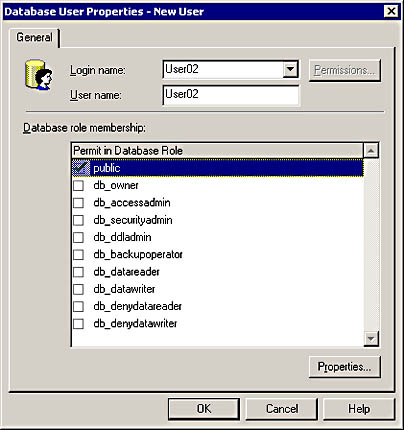figure 13.4-adding user02 to a database from the database user properties - new user dialog box.