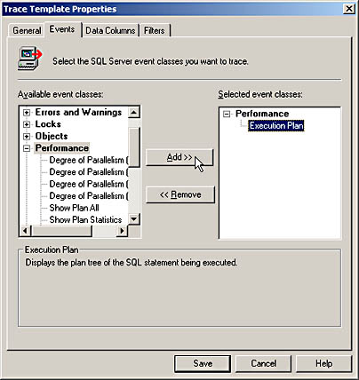 figure 14.2-the trace properties dialog box, which is used to connect to the database and define a new trace.