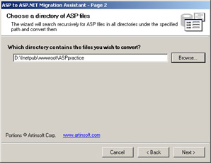 click to expand: the above figure shows the choose a directory of asp files page that allows you to specify the path of the asp application you need to convert.