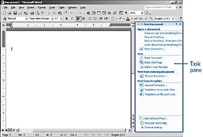 figure 1-3. the task pane brings choices to you by providing options, files, styles, and other selections in a side panel along the right side of the work area. other features in word—including clipboard, mail merge, and document recovery—also use the task pane, keeping the look and feel consistent.