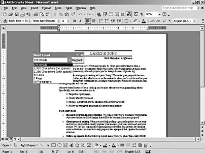 figure 1-6. no more pointing and clicking to find a word count—now you can display a running total on the word count toolbar as you work.
