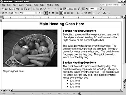 figure 2-3. templates can contain standard text elements and font styles as well as provide placeholder text and graphics—as seen here in the left-aligned column web page template.