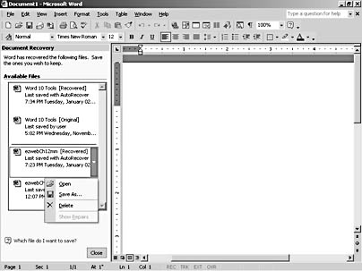 figure 2-17. the document recovery task pane enables you to control how word manages recovered files after a system crash.