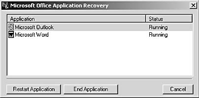 figure 3-15. the microsoft office application recovery utility enables you to recover a failing application or exit a program that's locking up.