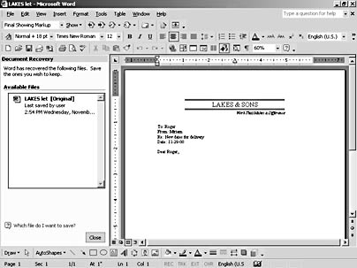 figure 3-17. document recovery displays the file that was open when the crash occurred so that you can save it normally before proceeding with your work.