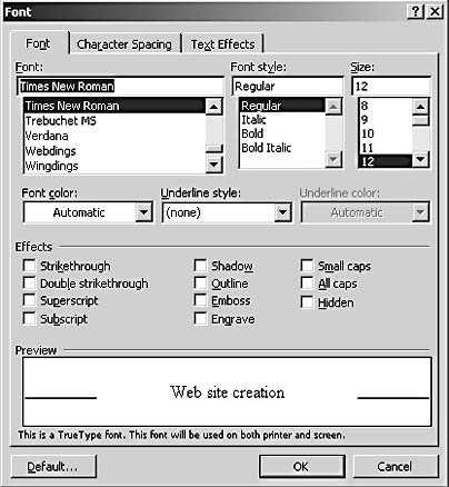 figure 5-3. the font dialog box enables you to select additional formatting effects as well as format multiple font attributes at one time, including font, size, color, and effects.