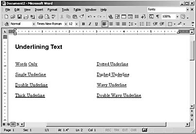 figure 5-4. word provides a variety of underline styles, including the styles shown here, which you can apply to text by using the font dialog box.