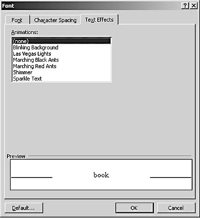 figure 5-8. word provides a number of animated text effects that you can use within your documents.