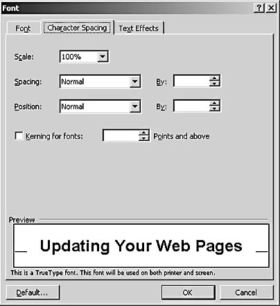 figure 5-10. the character spacing tab in the font dialog box enables you to rescale selected text, adjust spacing between characters, and reposition text.