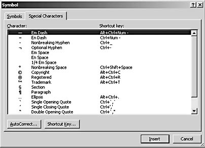 figure 5-12. the special characters tab in the symbol dialog box provides quick access to special characters.