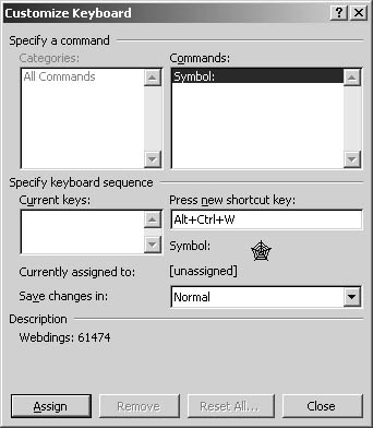 figure 5-13. the customize keyboard dialog box enables you to assign a custom keyboard shortcut to a symbol or special character.