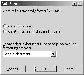 figure 6-3. you can choose the document type and set autoformat options in the autoformat dialog box.