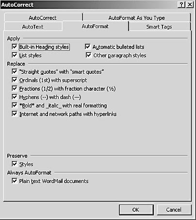 figure 6-5. the check boxes on the autoformat tab control the various items word looks for when it autoformats your document.