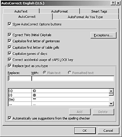 figure 6-14. you can make changes to the way autocorrect does things while continuing to work in your document.
