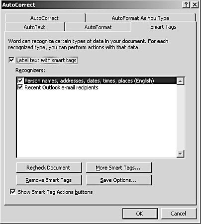 figure 6-24. you turn smart tags on and off and select the options you want on the smart tags tab of the autocorrect dialog box.