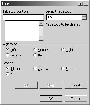 figure 7-7. the tabs dialog box enables you to modify the default tab stop settings, insert tabs at precise positions, create leader lines, and clear existing tabs.