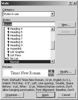 figure 10-1. the style dialog box has been slightly revamped to more clearly show sample text style, eliminating the paragraph preview section used in word 2000. 