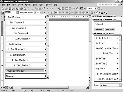 figure 10-2. the style drop-down list provides quick access to available styles, and the styles and formatting task pane displays style names with their associated formatting.