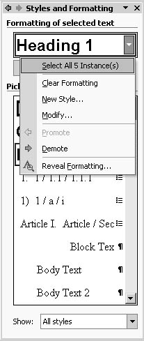 figure 10-5. using the formatting of selected text drop-down list, you can see exactly how many times a style is applied in the current document.