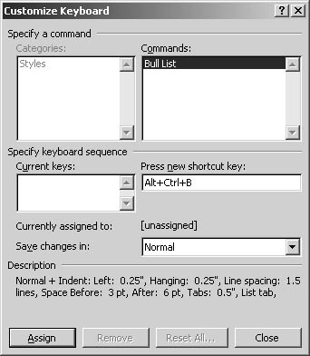figure 10-9. you can use the customize keyboard dialog box to create <br />keyboard shortcuts for styles.