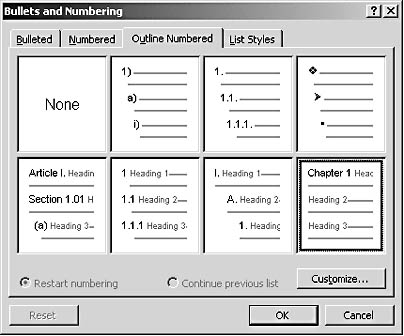 figure 11-12. word offers a number of preset outline numbering styles you can use as they are or customize to meet your needs.