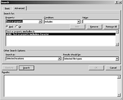 figure 12-4. the advanced search options in the search dialog box.
