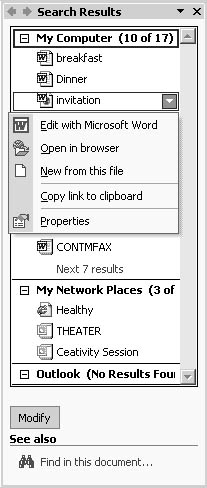 figure 12-7. you can perform a variety of actions on your search results using the drop-down menu commands associated with each item.