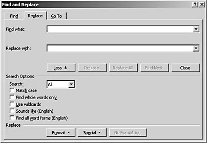 figure 12-15. the expanded view of the replace tab offers the same options found on the expanded find tab in the find and replace dialog box.