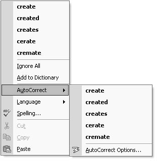 figure 13-3. you can select a correctly spelled word on the autocorrect submenu so that future instances of the selected mistyped text are replaced with the correctly spelled word automatically.