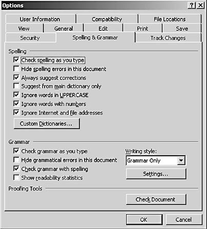 figure 13-4. the spelling & grammar tab enables you to customize how word performs spelling and grammar checking tasks.