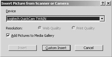 figure 14-13. the insert picture from scanner or camera dialog box gives you the means to scan your photos or pictures directly into your word document.