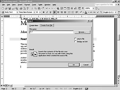 figure 15-1. the object dialog box gives you the means to link or embed objects.