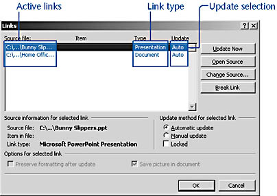 figure 15-4. the links dialog box gives you the means to review, change, update, and remove links to objects you've inserted in your document.