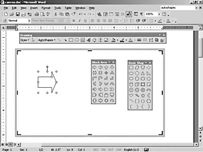 figure 16-5. the block arrows and basic shapes submenus—shown here as floating toolbars—provide a variety of shapes that you can insert into your documents and customize to your needs.