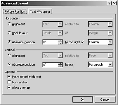 figure 17-7. the advanced layout dialog box enables you to precisely configure a wordart object's position, alignment, and text wrapping settings.