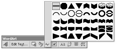 figure 17-9. to get a feel for wordart shapes, experiment with the wordart shape menu by applying various shapes to selected wordart objects.