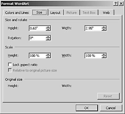 figure 17-10. the size tab enables you to precisely configure the size, rotation, and scale settings for your wordart objects. notice that the size tab includes a lock aspect ratio check box, which allows you to proportionally resize the height and width of a wordart object based on a percentage of its current size.