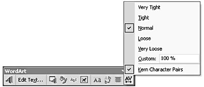figure 17-15. the wordart character spacing drop-down menu provides options for expanding or condensing wordart text.