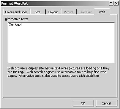 figure 17-16. the web tab in the format wordart dialog box is used to set the alt text displayed for a wordart object.