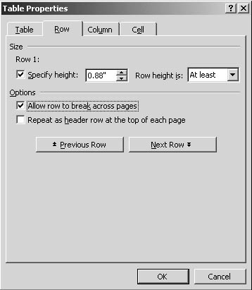 figure 18-17. choose whether you want to allow a table to be divided by a page or section break on the row tab in the table properties dialog box.