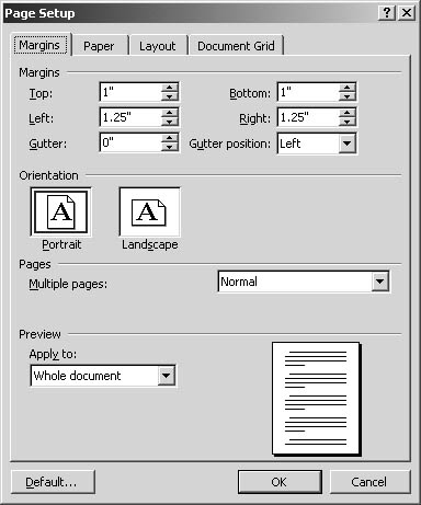 figure 21-1. the page setup dialog box enables you to choose the settings that affect the margins, paper type, layout, and spacing of your document.