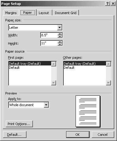 figure 21-3. choose the size and source for paper on the paper tab of the page setup dialog box.